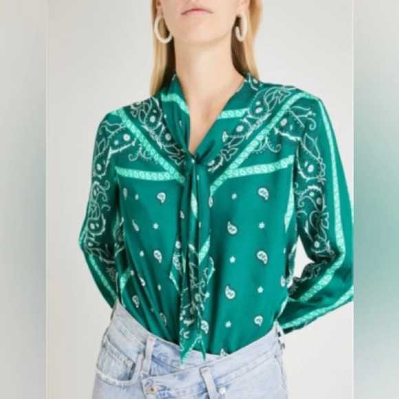 SANDRO NWOT Tie Bow Printed Satin Twill Blouse in Green - Picture 1 of 16